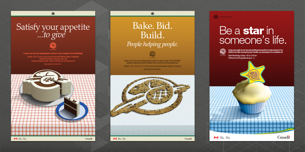 Series of three posters, with custom food illustrations, designed for the GCWCC bake auction.