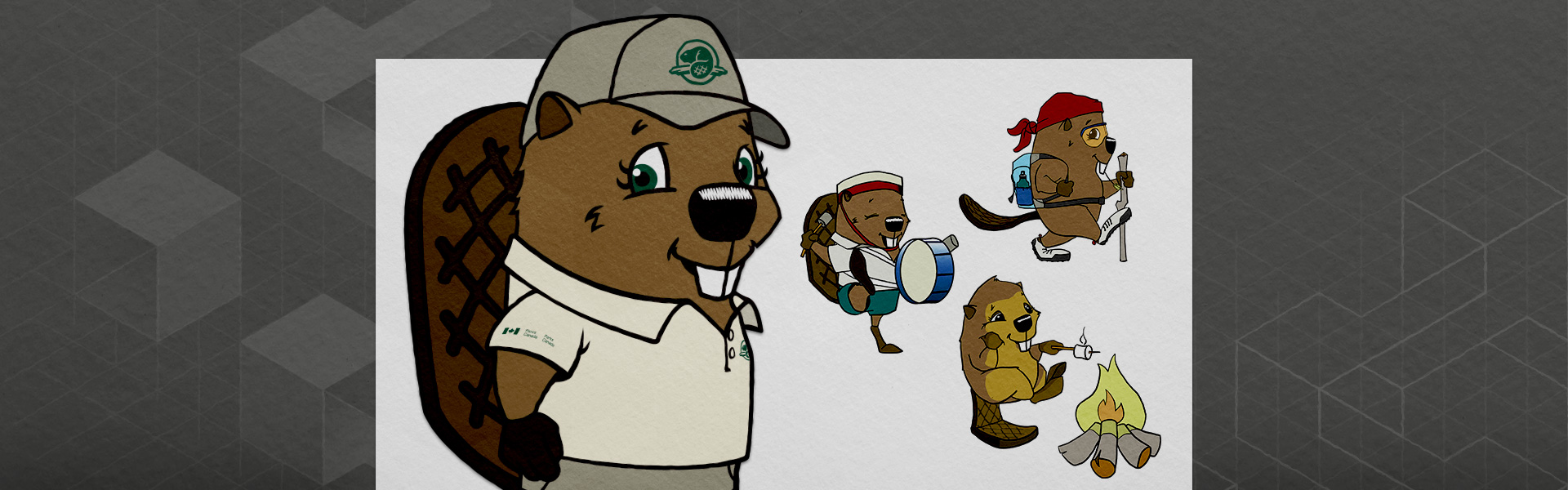 Illustration showing four illustrations of a cartoon girl beaver character, named Parka: one plain standing pose, one of her actively drumming, one where she’s hiking and one by the campfire.