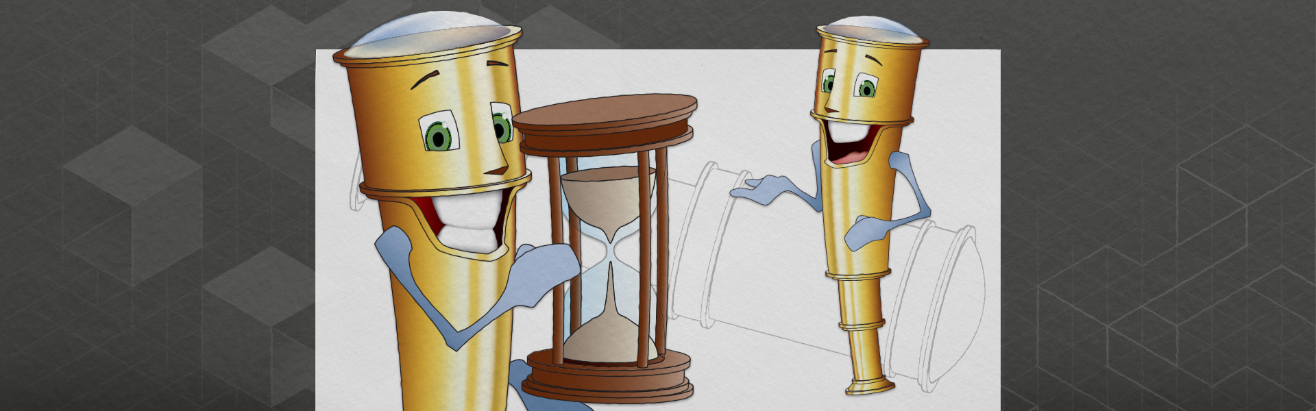 Illustration showing two samples of a cartoon telescope character, named Tully.