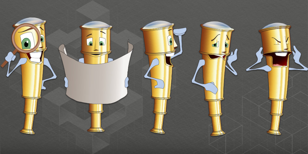 Image with five illustrations of the Tully the Telescope character, each with a different expression.