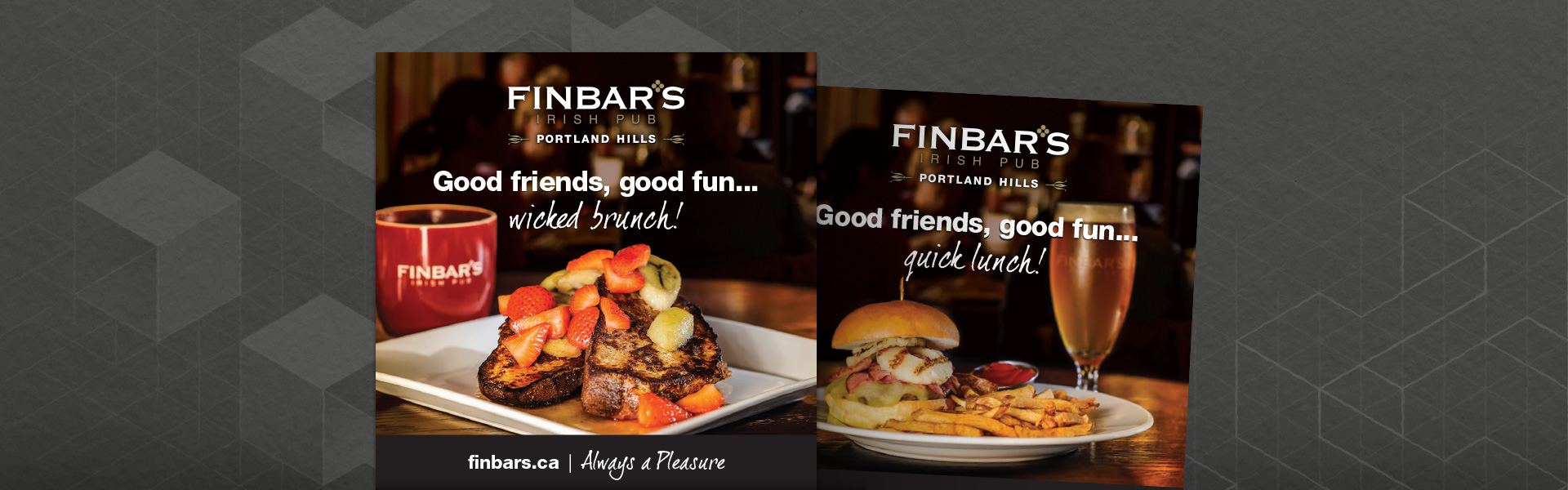 Sample print design for Finbar’s Irish Pub – ads, promo cards, coasters