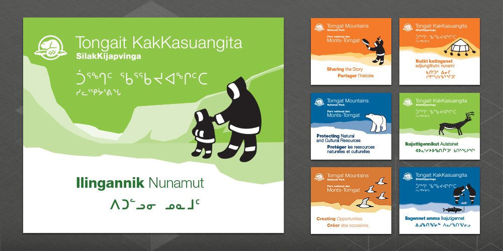 Series of simple graphic banners with solid colours and Inuktitut illustrations