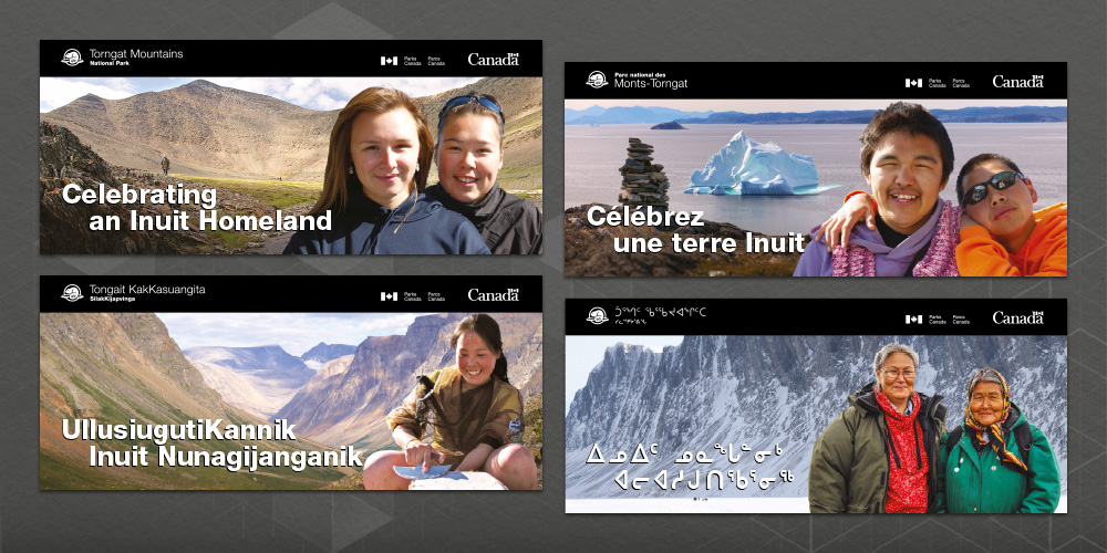 Series of horizontal banners featuring large images of Inuit people with images of landscapes in the background