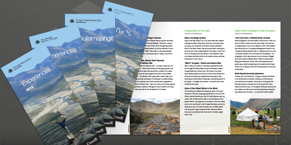 Image of set four of the same brochure, each in a different language, designed for Torngat Mountains National Park