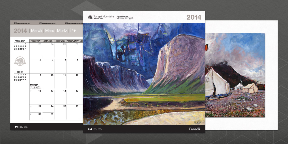 Image of a calendar cover with two sample interior pages, designed for Torngat Mountains National Park