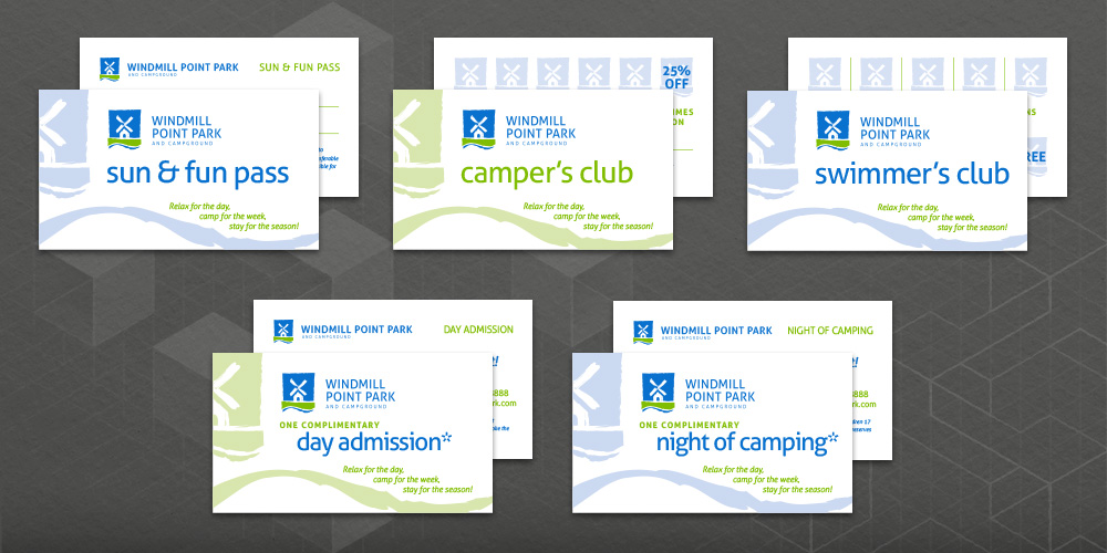 Image of five sets of membership/pass cards designed for Windmill Point park