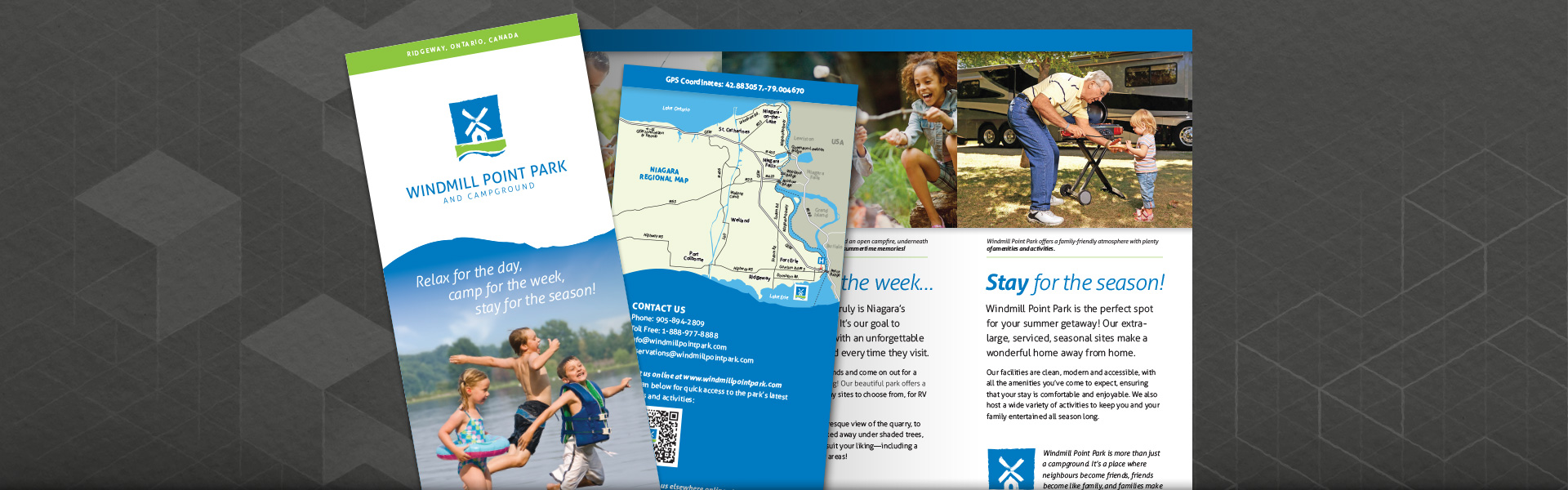 Large image of a brochure for Windmill Point Park. Image shows the front, the back and the interior spread.