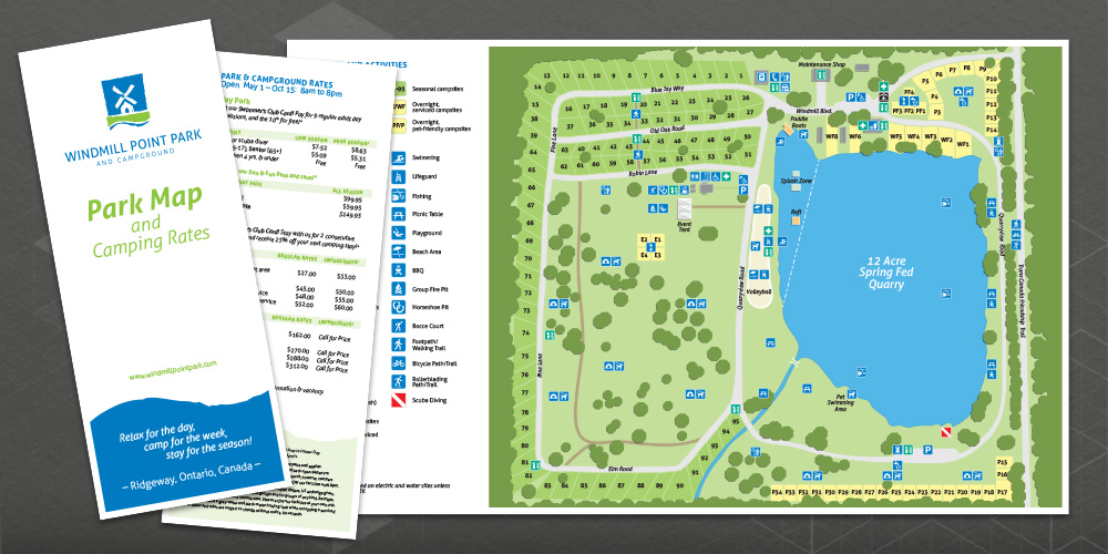 Image of a visitor map of Windmill Point Park. Image shows the front, the back and the interior spread