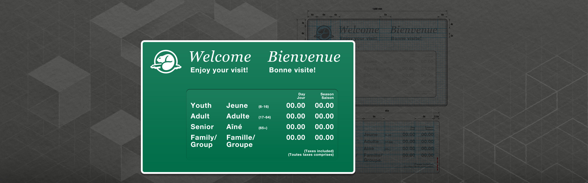 Image of the Parks Canada fees sign with layout drawings included as a background texture.