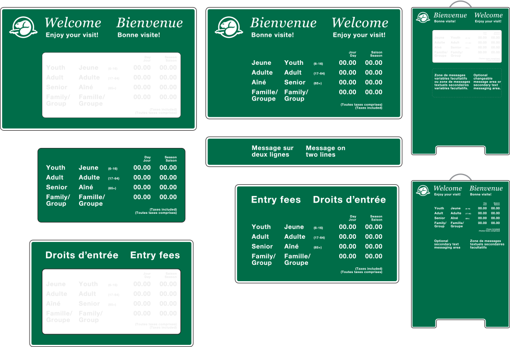 A number of Parks Canada’s green and white exterior fee signs