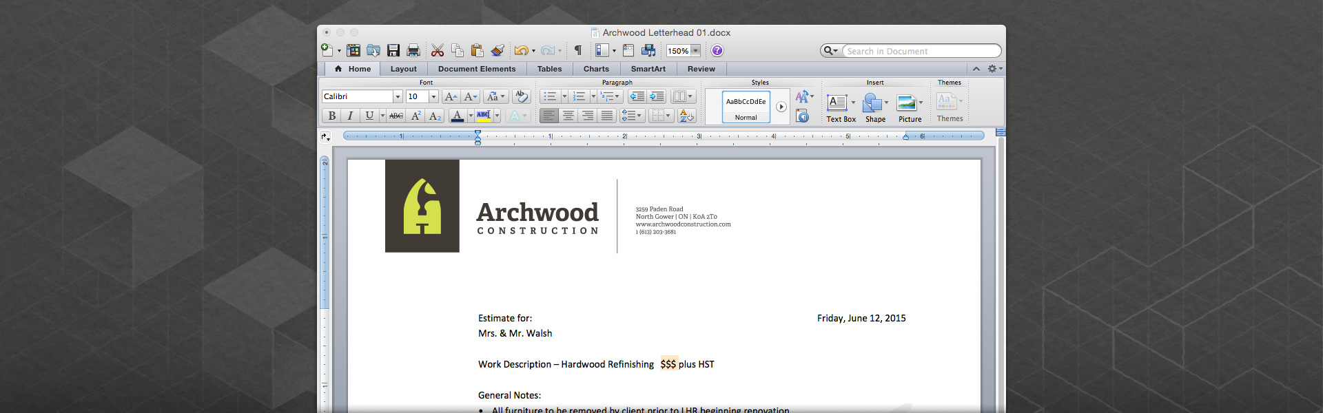 Screen shot of the Archwood Construction MS Word letterhead template.