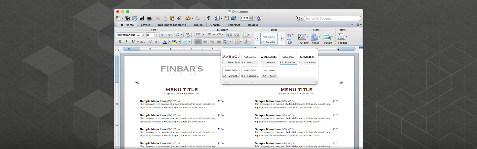 Screen shot of an MS Word template for the table-top food menu at Finbar’s Irish Pub. The image also shows the set of paragraph styles that were built into the file.