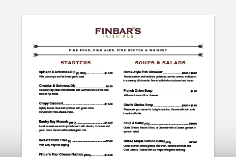 Image of menu templates for Finbar’s Irish Pub