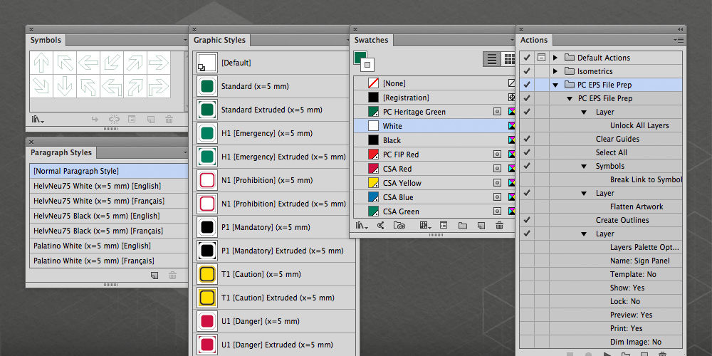 Application palettes from Adobe Illustrator, highlighting areas that were customized for this template.