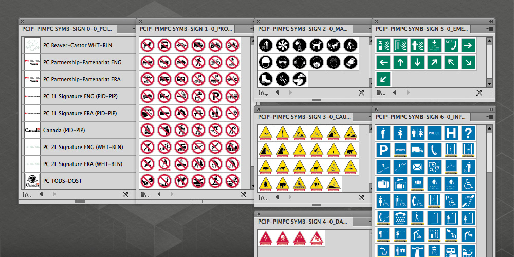 Application palettes from Adobe Illustrator, showing custom libraries of additional signage symbols.